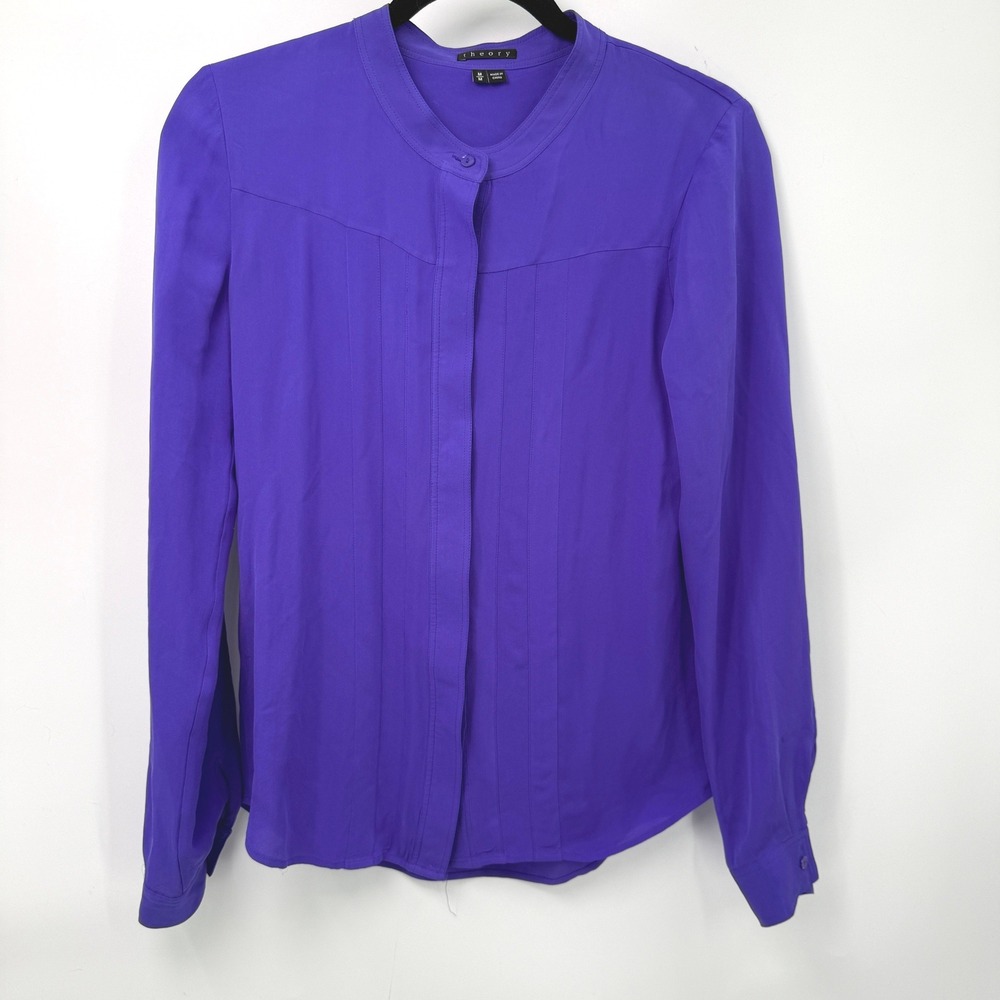 Theory Silk Blouse Women M Purple Flowy Office Career Boho Chic Designer Elegant